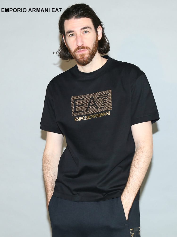 EMPORIO ARMANI EA7 エンポリオ アルマーニ スタッズ ゴールド ロゴ 半袖 Tシャツ ブランド 黒 ロゴT EA73RUT05PJFBZ