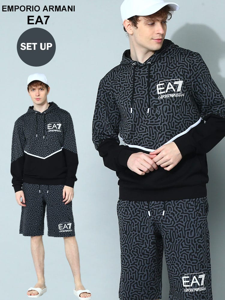 EMPORIO ARMANI EA7 (エンポリオ アルマーニ) 切り替え プルオーバー パーカー ショートパンツ セットアップ EA73RPM03PJ05ZS