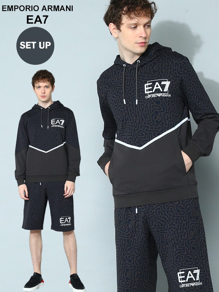 EMPORIO ARMANI EA7 (エンポリオ アルマーニ) 切り替え プルオーバー パーカー ショートパンツ セットアップ EA73RPM03PJ05ZS