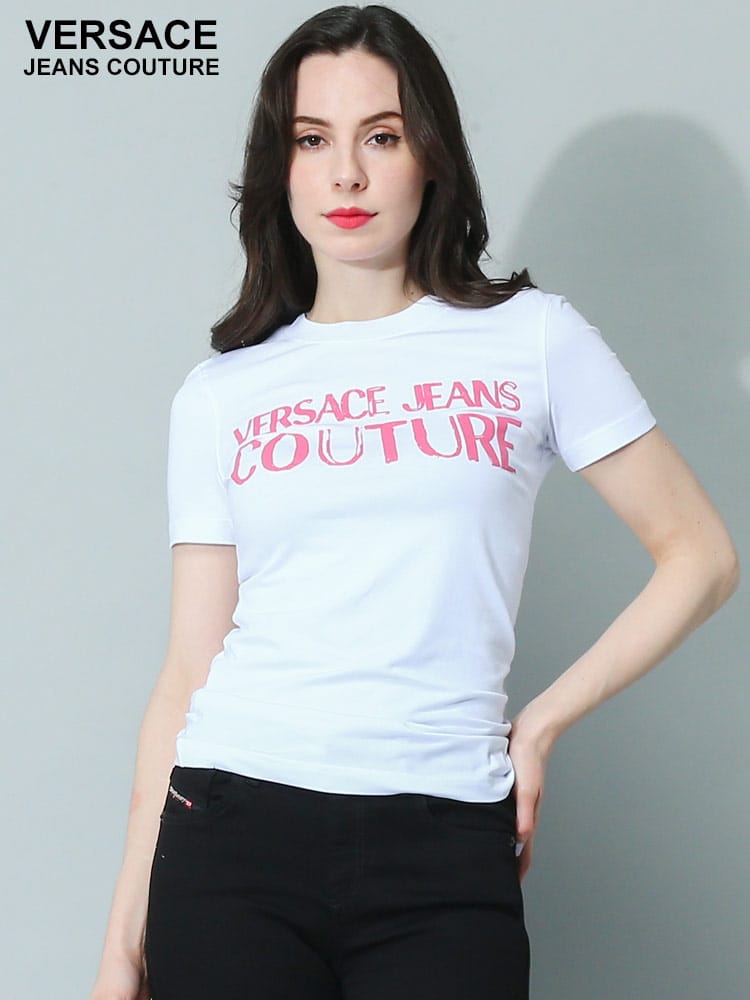 VERSACE JEANS COUTURE (ヴェルサーチェ ジーンズ クチュール) フロントロゴ クルーネック 半袖 Tシャツ VCL74HAHF07 ブランド レディース