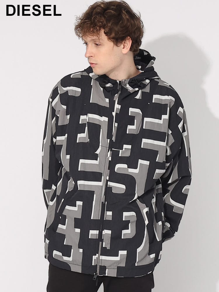 DIESEL (ディーゼル) グラフィックロゴ 総柄 フーデット ナイロン ブルゾン DSA110080QFAW ブランド メンズ 男性 アウター