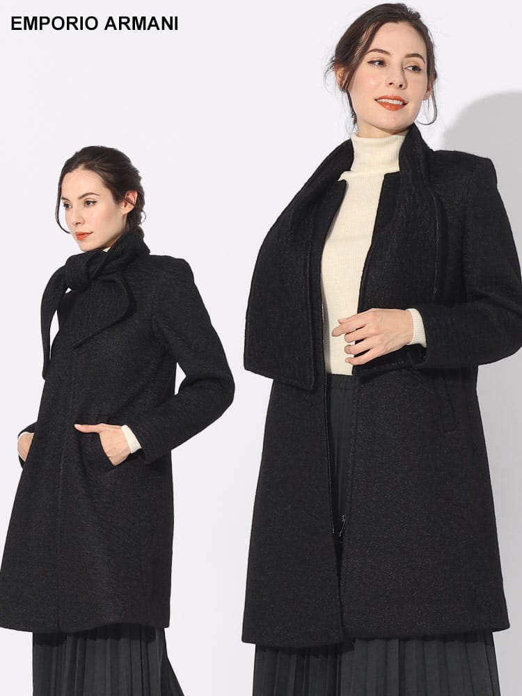 EMPORIO ARMANI (エンポリオ アルマーニ) スカーフカラー ブークレ風ファブリック ジップアップ コート EALH4NL1NE9911 ブランド レディース アウター