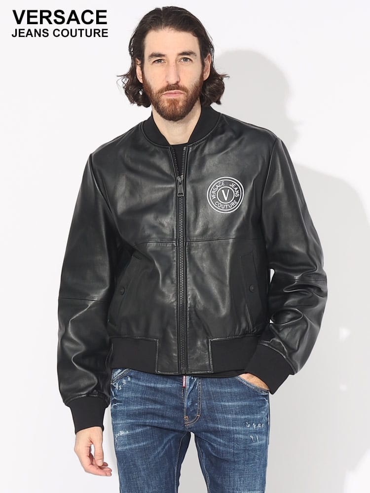 VERSACE JEANS COUTURE (ヴェルサーチェ ジーンズ クチュール) レターエンブレム フルジップ レザージャケット VC75GAVP07CPPS3 ブランド メンズ 男性 アウター