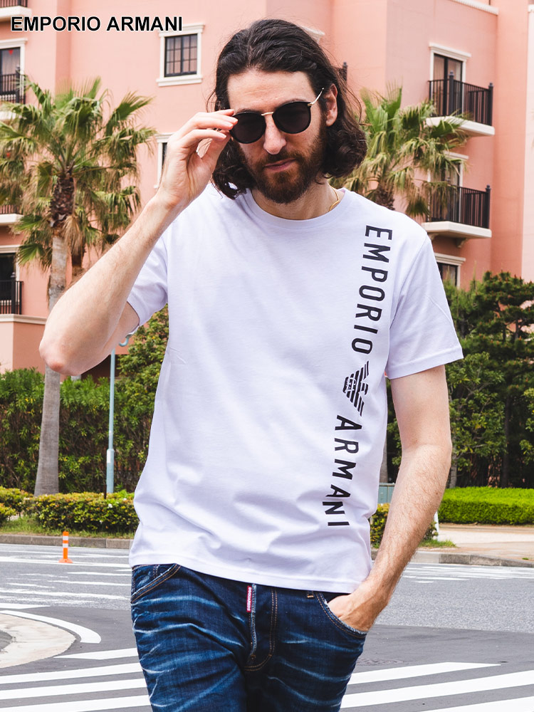 EMPORIO ARMANI (エンポリオアルマーニ) 縦ロゴ クルーネック 半袖 Tシャツ EAS2118184R47【サカゼン公式通販】
