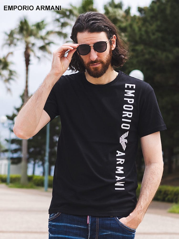 EMPORIO ARMANI (エンポリオアルマーニ) 縦ロゴ クルーネック 半袖 Tシャツ EAS2118184R479 ブランド メンズ 男性 トップス