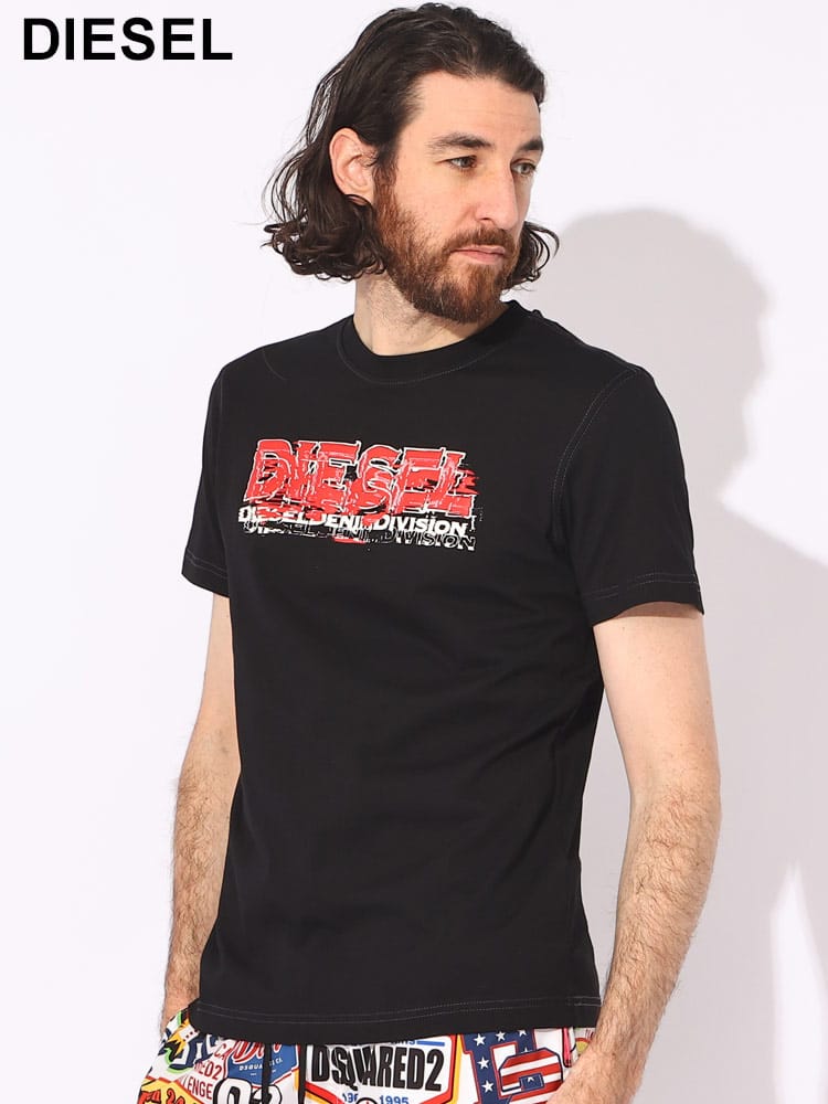 DIESEL (ディーゼル) 綿100％ グリッチ ロゴ プリント クルーネック 半袖 Tシャツ SLIMFIT DSA124980GRAI ブランド メンズ 男性 トップス