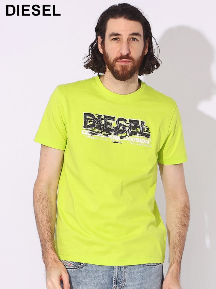 DIESEL (ディーゼル) 綿100％ グリッチ ロゴ プリント クルーネック 半袖 Tシャツ SLIMFIT DSA124980GRAI ブランド メンズ 男性 トップス