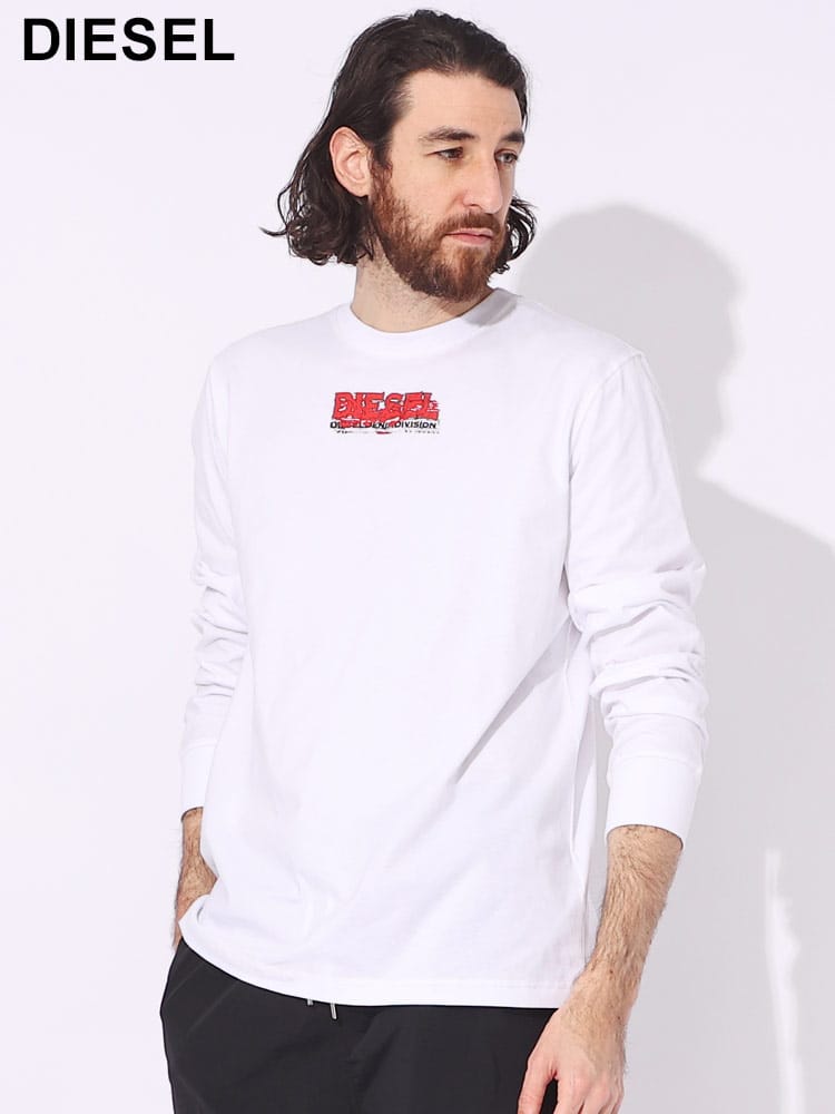 DIESEL (ディーゼル) 綿100％ グリッチ ロゴ プリント クルーネック 長袖 Tシャツ DSA125170GRAI ブランド メンズ 男性 トップス