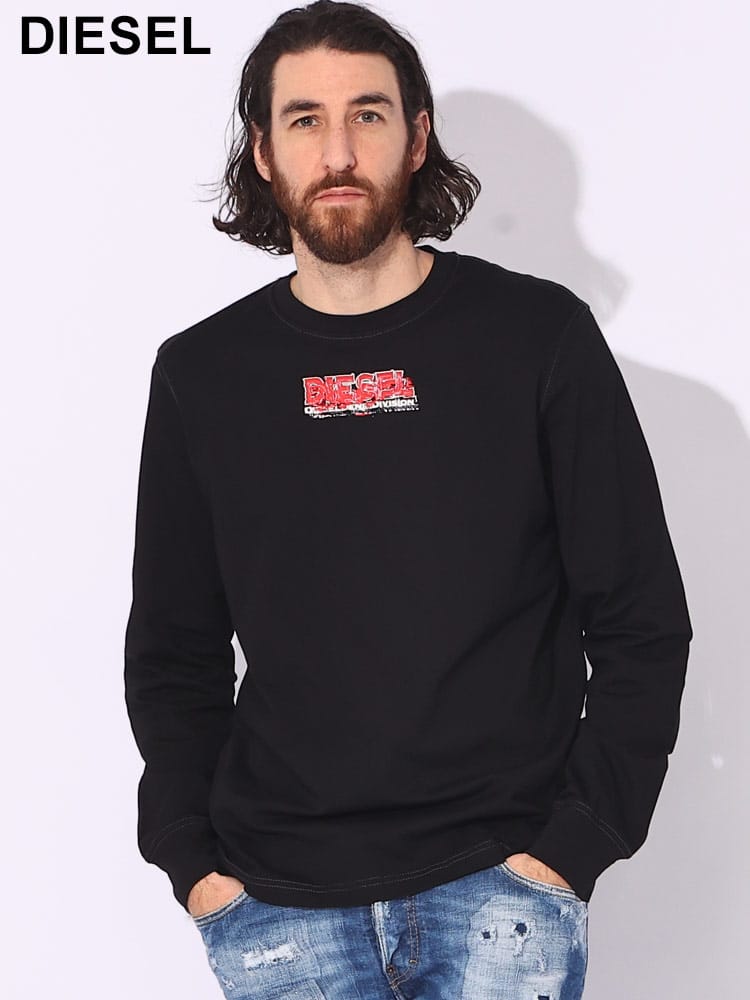 DIESEL (ディーゼル) 綿100％ グリッチ ロゴ プリント クルーネック 長袖 Tシャツ DSA125170GRAI ブランド メンズ 男性 トップス