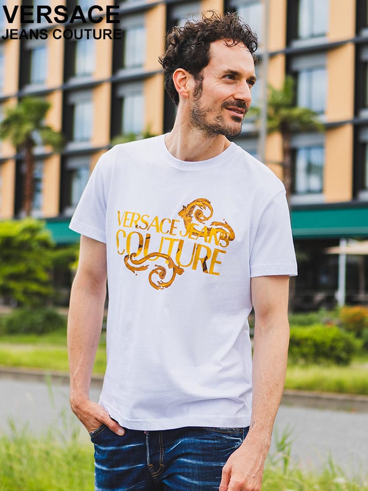 VERSACE JEANS COUTURE (ヴェルサーチェ ジーンズ クチュール) ウォーターカラープリント クルーネック 半袖 Ｔシャツ スリムフィット VC76GAHG00 ブランド メンズ 男性 トップス