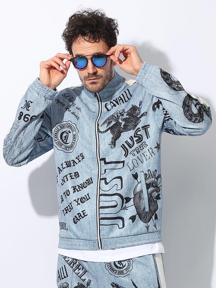 Just cavalli (ジャスト カヴァリ) 総柄 ラインテープ フルジップ スタンド トラックジャケット JC76OAA3RD ブランド メンズ 男性 アウター