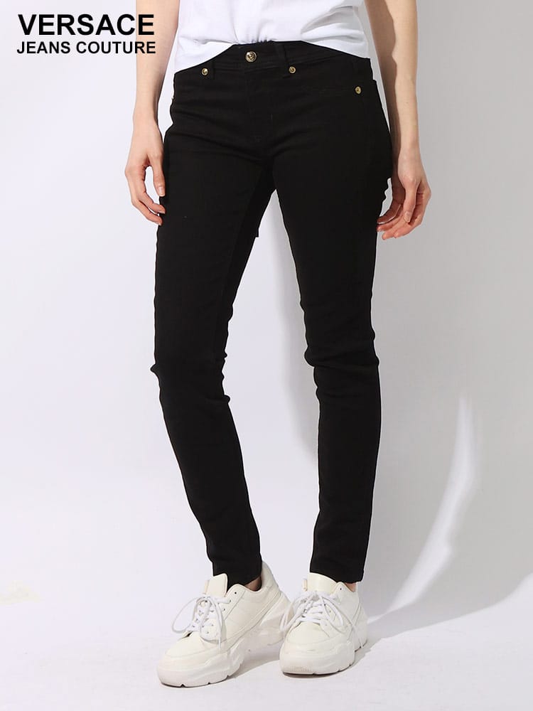 VERSACE JEANS COUTURE (ヴェルサーチェ ジーンズ クチュール) ゴールドボタンロゴ ジップフライ ブラックジーンズ レディース