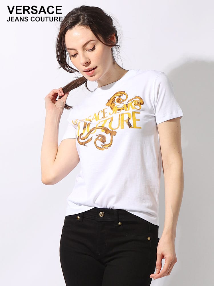 VERSACE JEANS COUTURE (ヴェルサーチェ ジーンズ クチュール) ウォーターカラー プリント クルーネック 半袖 Tシャツ レディース