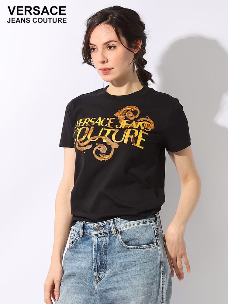 VERSACE JEANS COUTURE (ヴェルサーチェ ジーンズ クチュール) ウォーターカラー プリント クルーネック 半袖 Tシャツ レディース