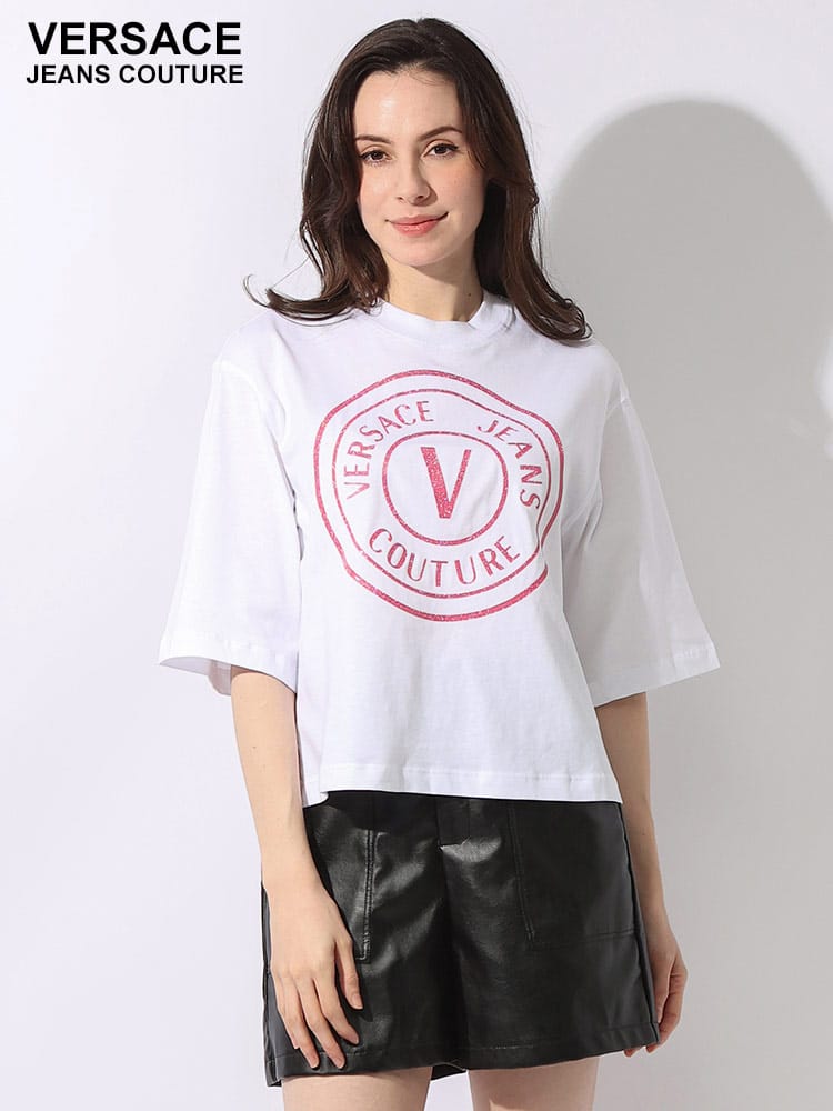VERSACE JEANS COUTURE (ヴェルサーチェ ジーンズ クチュール) ラメBIGサークル クルーネック 五分袖 Tシャツ レディース