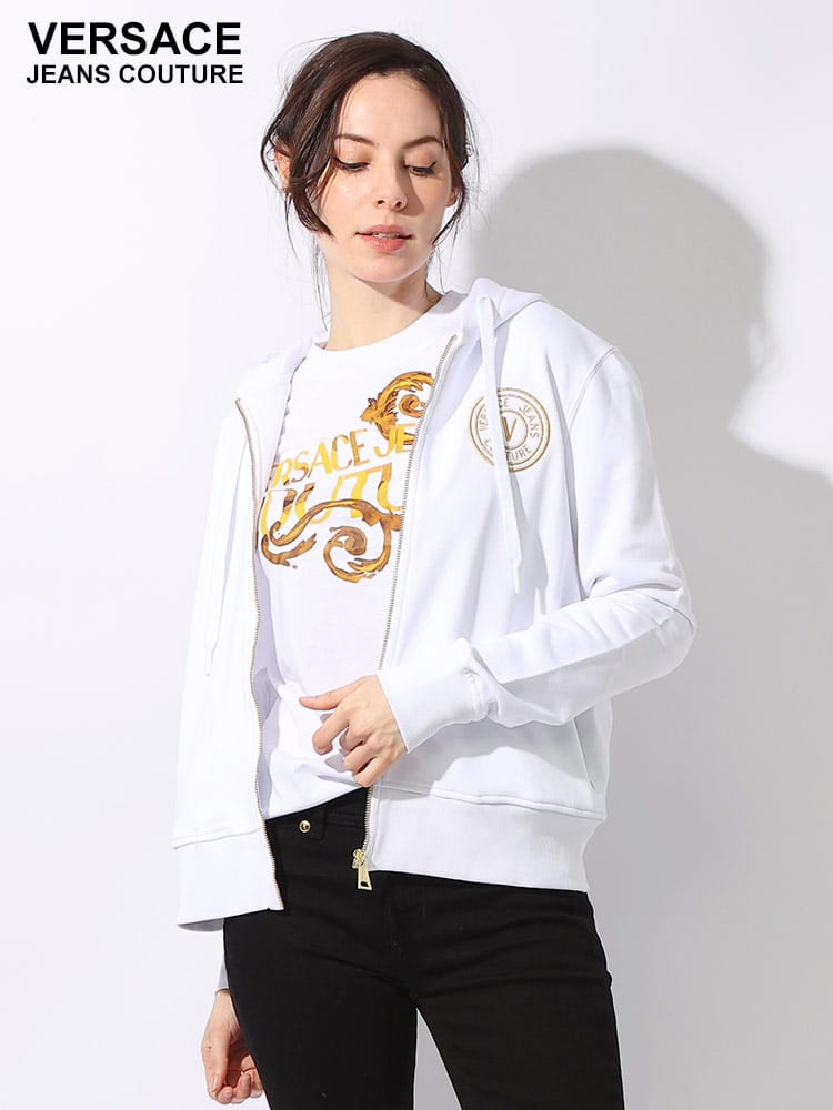 VERSACE JEANS COUTURE (ヴェルサーチェ ジーンズ クチュール) 裏毛 サークルロゴ ジップポケット フルジップ パーカー レディース スウェット