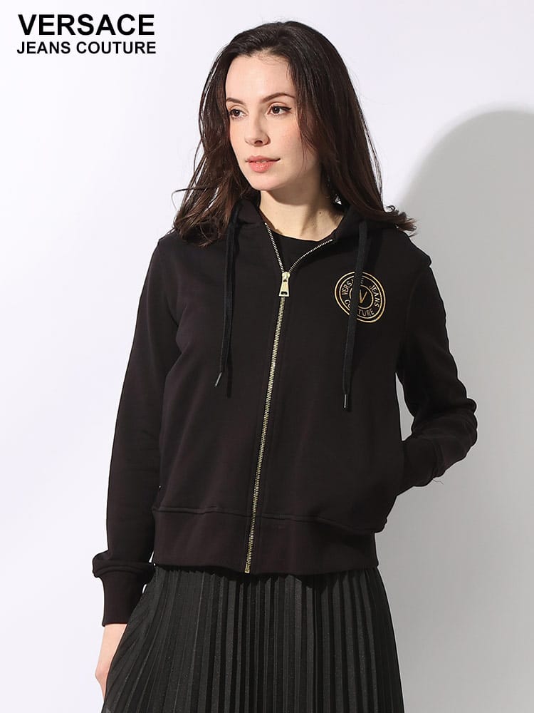 VERSACE JEANS COUTURE (ヴェルサーチェ ジーンズ クチュール) 裏毛 サークルロゴ ジップポケット フルジップ パーカー レディース スウェット