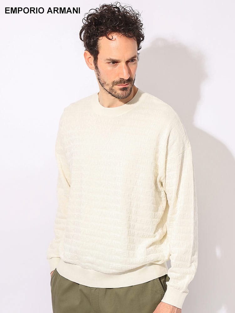EMPORIO ARMANI (エンポリオアルマーニ) コットン 総柄ロゴ リブ クルーネック 長袖 ニット EA3D1MXX1MQGZ ブランド メンズ 男性 トップス