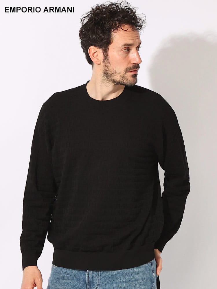 EMPORIO ARMANI (エンポリオアルマーニ) コットン 総柄ロゴ リブ クルーネック 長袖 ニット EA3D1MXX1MQGZ ブランド メンズ 男性 トップス