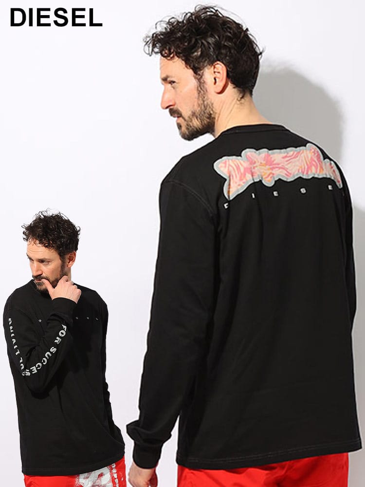 DIESEL (ディーゼル) 袖ラインロゴ カモフラージュ グラフィック プリント クルーネック 長袖 Tシャツ