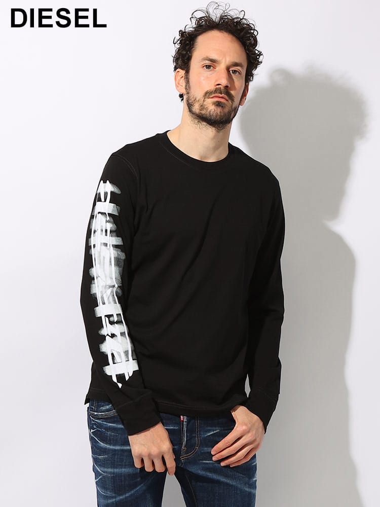 DIESEL (ディーゼル) ウォーター＆フロッキー プリント クルーネック 長袖 Tシャツ