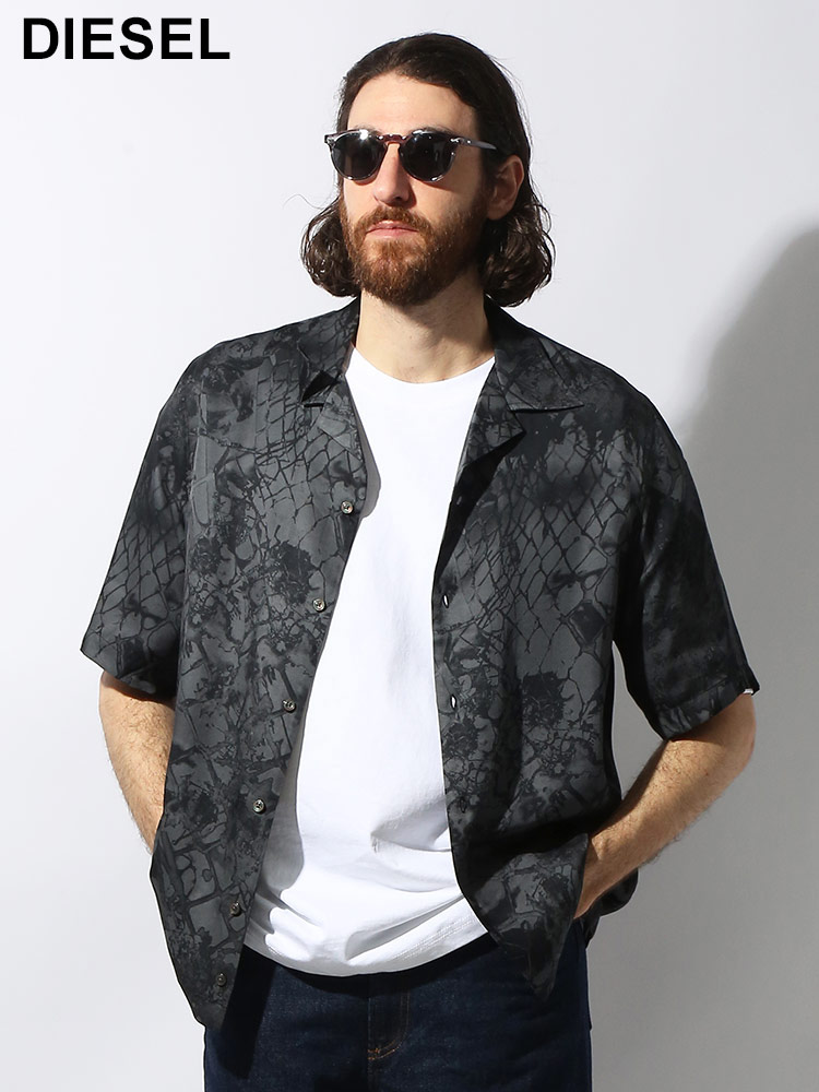 DIESEL (ディーゼル) レーヨン グラフィックプリント オープンカラー 半袖 シャツ メンズ