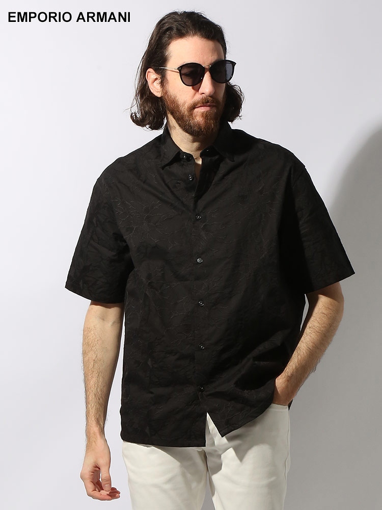 EMPORIO ARMANI (エンポリオアルマーニ) 総柄刺繍 フルボタン レギュラーカラー 半袖 シャツ