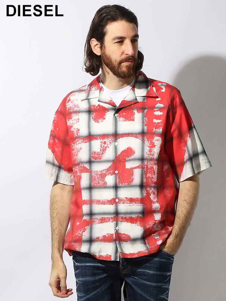 DIESEL (ディーゼル) 大判チェック ロゴ オープンカラー 半袖 シャツ