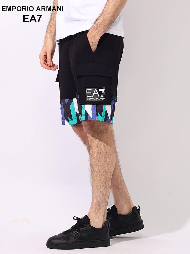EMPORIO ARMANI EA7 (エンポリオ アルマーニ) 裾切替 ワイドポケット ウエストコード ショートパンツ