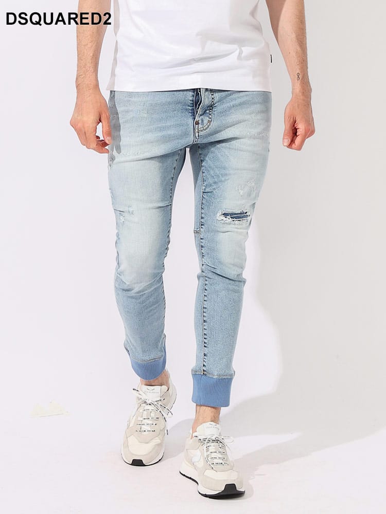 DSQUARED2 (ディースクエアード) ストレッチコットン リブ ダメージ加工 ボタンフライ ジーンズ JoggingLongCrotch