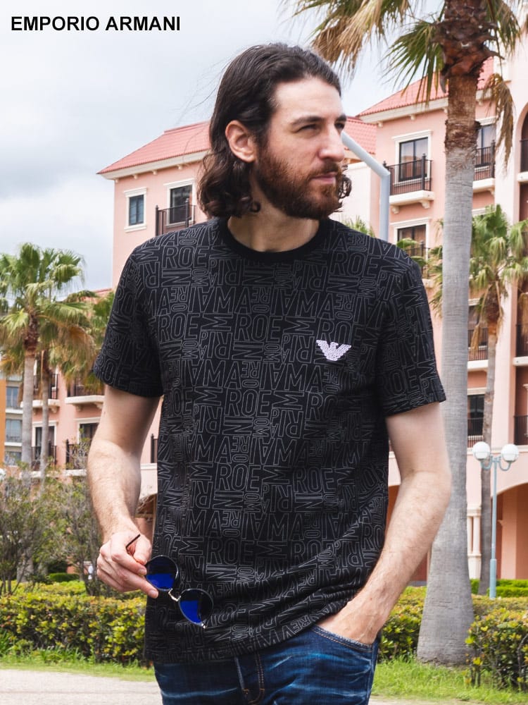 EMPORIO ARMANI (エンポリオ アルマーニ) 総柄ロゴ ワンポイント刺繍 クルーネック 半袖 Tシャツ EAU1108534R566