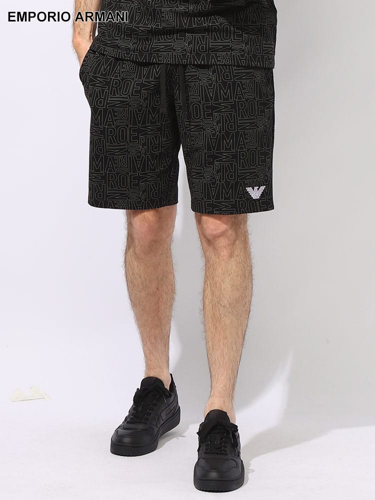EMPORIO ARMANI (エンポリオ アルマーニ) 総柄ロゴ ワンポイント刺繍 ショートパンツ EAU1110044R566