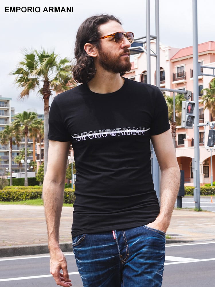 EMPORIO ARMANI (エンポリオ アルマーニ) オーガニックコットン フロントロゴ クルーネック 半袖 Tシャツ EAU1110354R729
