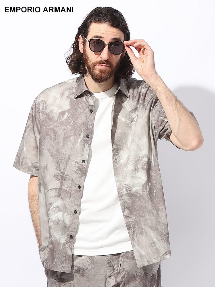 EMPORIO ARMANI (エンポリオ アルマーニ) パームツリー柄 フルボタン 半袖 シャツ OVERFIT EA3D1CG71NRDZ