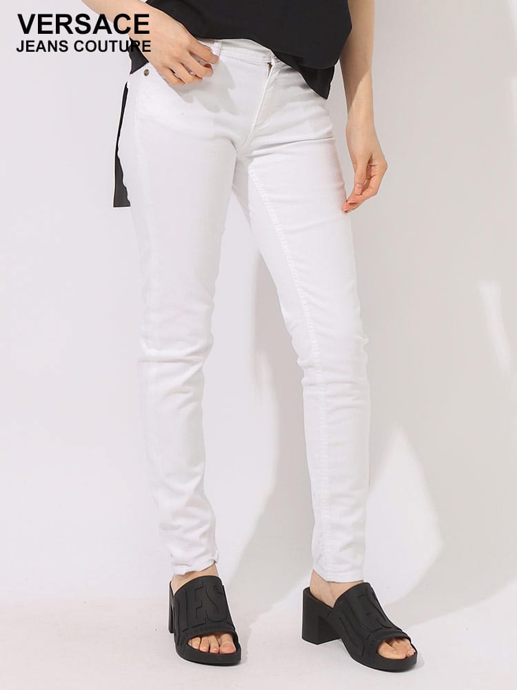 VERSACE JEANS COUTURE (ヴェルサーチェ ジーンズ クチュール) コットン ゴールドボタン ジップフライ ホワイトジーンズ SKINNY FIT VCL76HAB5K1 レディース