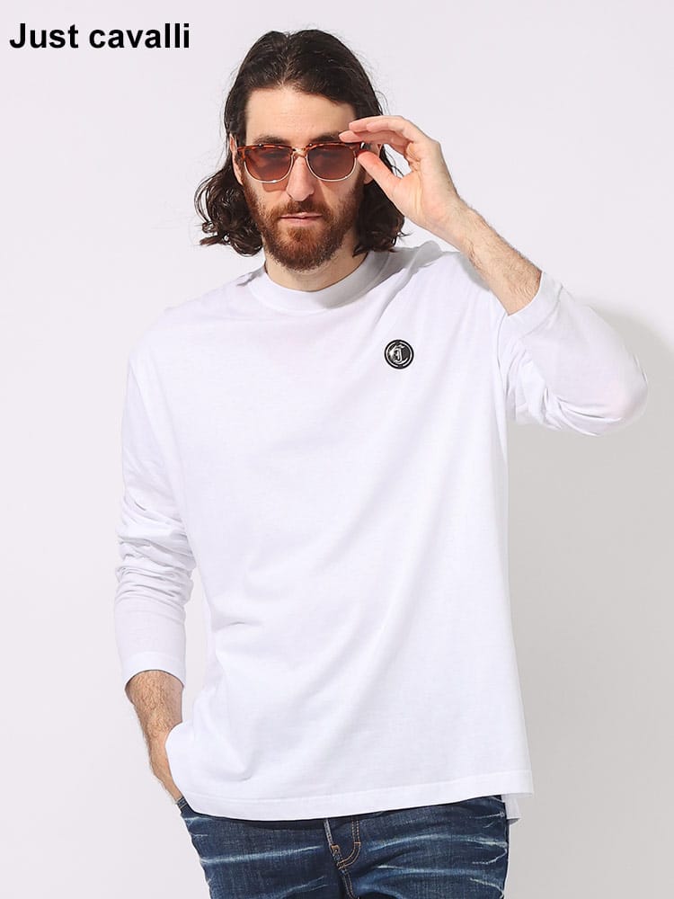 Just cavalli (ジャスト カヴァリ) 胸ロゴパッチ クルーネック 長袖 Tシャツ JC76OAH6L1 メンズ