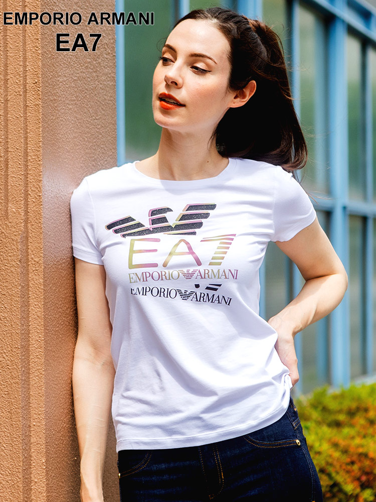 EMPORIO ARMANI EA7 (エンポリオ アルマーニ) ラインストーン イーグルグラデーションプリント クルーネック 半袖 Tシャツ レディース