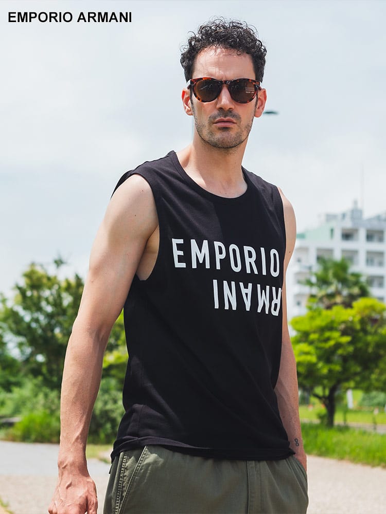 EMPORIO ARMANI (エンポリオアルマーニ) リバースロゴ クルーネック ノースリーブ Ｔシャツ EAS2118004R476 メンズ