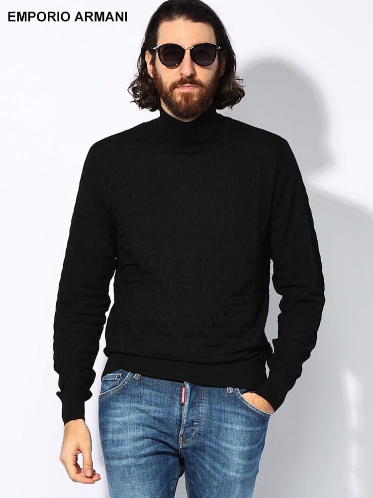 EMPORIO ARMANI (エンポリオアルマーニ) ウール ジャガード総柄ロゴ タートルネック ニットセーター EA6D1MXJ1MJM メンズ