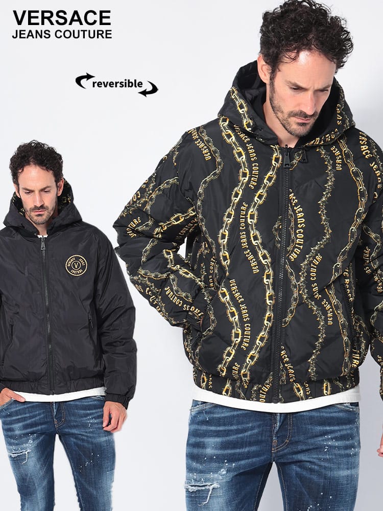VERSACE JEANS COUTURE (ヴェルサーチェ ジーンズ クチュール) リバーシブル 無地×プリント ダウン ボンバージャケット VC77GAUD17CQD56 メンズ