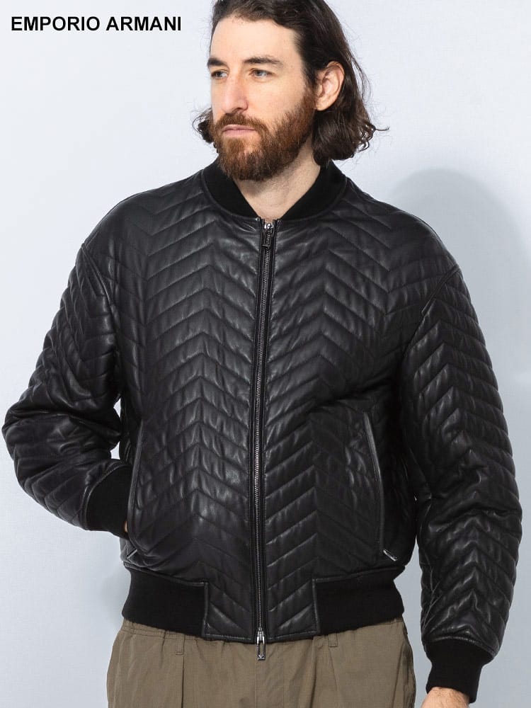 EMPORIO ARMANI (エンポリオアルマーニ) ラムレザー イーグルバックロゴ フルジップ ブルゾン EAEM011610446 メンズ