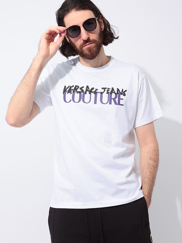 VERSACE JEANS COUTURE (ヴェルサーチェ ジーンズ クチュール) オーバーラップロゴ クルーネック 半袖 Tシャツ VC78GAHE06 メンズ
