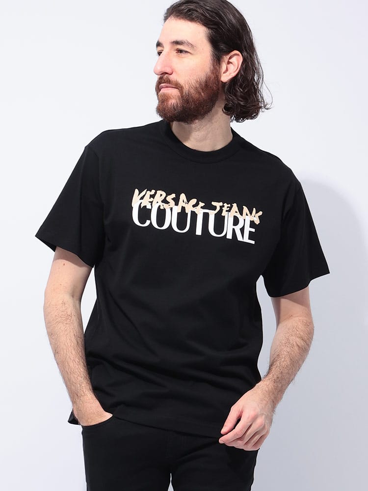 VERSACE JEANS COUTURE (ヴェルサーチェ ジーンズ クチュール) オーバーラップロゴ クルーネック 半袖 Tシャツ VC78GAHE06 メンズ
