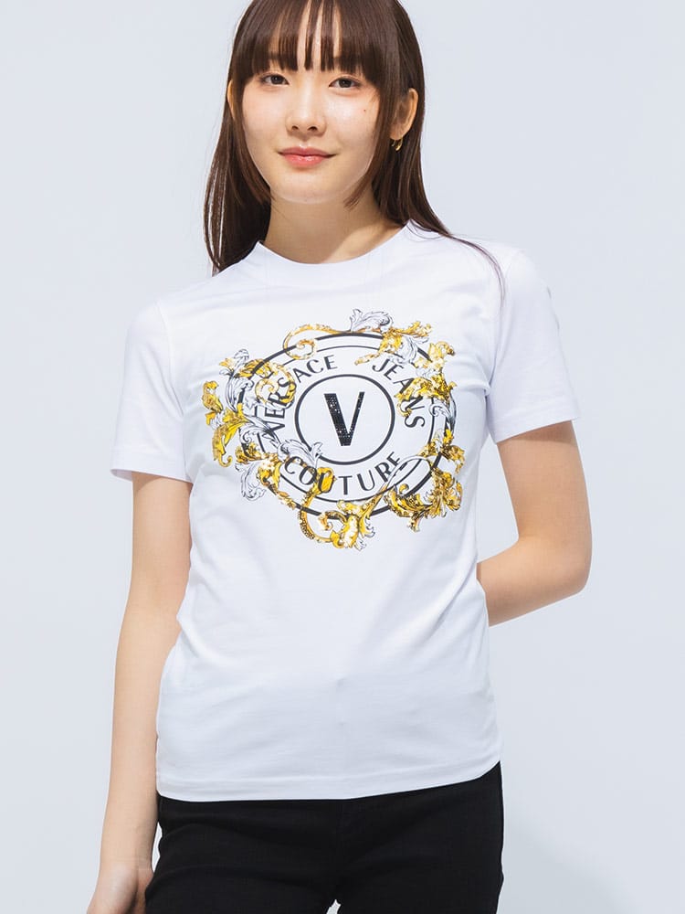 VERSACE JEANS COUTURE (ヴェルサーチェ ジーンズ クチュール) スパンコール ロゴプリント クルーネック 半袖 Tシャツ VCL78HAHC01 レディース