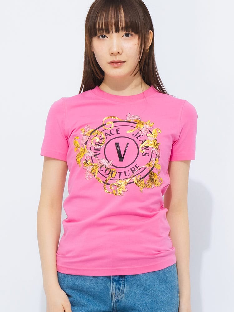 VERSACE JEANS COUTURE (ヴェルサーチェ ジーンズ クチュール) スパンコール ロゴプリント クルーネック 半袖 Tシャツ VCL78HAHC01 レディース