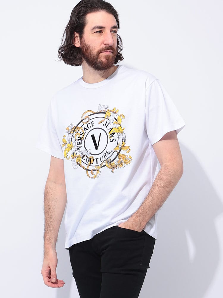 VERSACE JEANS COUTURE (ヴェルサーチェ ジーンズ クチュール) レターエンブレム ロゴ クルーネック 半袖 Tシャツ VC78GAHC01 メンズ