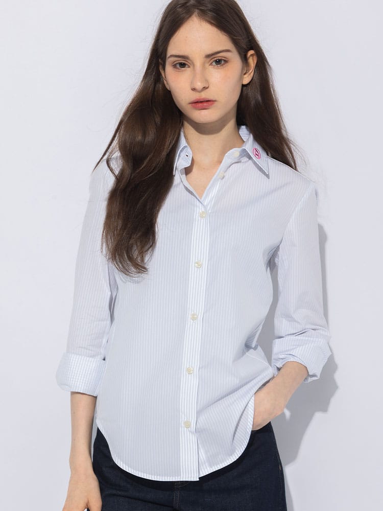 DIESEL (ディーゼル) オーバルDロゴ刺繍 ストライプ柄 レギュラーフィット 長袖シャツ c-gisel-p2 DSLA145690DNAN レディース