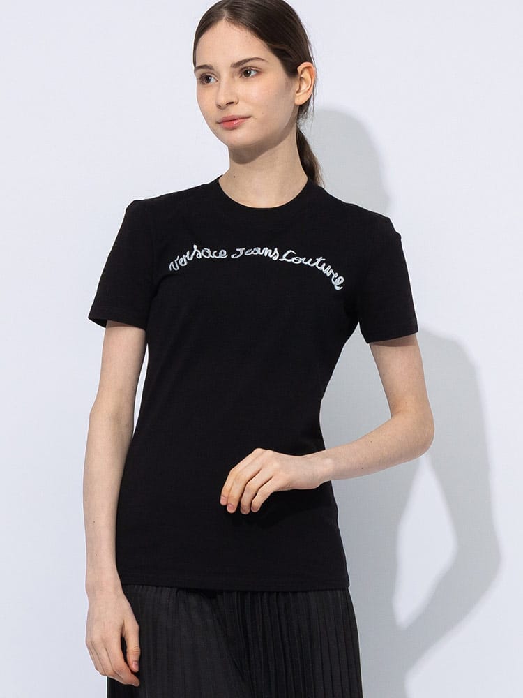 VERSACE JEANS COUTURE (ヴェルサーチェ ジーンズ クチュール) クリスタルロゴ クルーネック 半袖 Tシャツ VCL78HAHC08 レディース