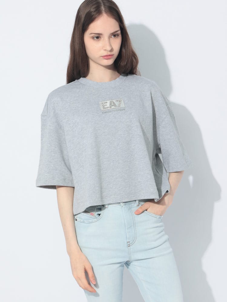EMPORIO ARMANI (エンポリオアルマーニ) EA7 ラインストーンロゴワッペン ショート丈 半袖スウェット レディース
