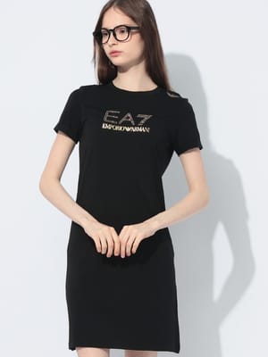【2BUY10%OFF】EMPORIO ARMANI (エンポリオアルマーニ) EA7 ラインストーンロゴ ストレッチワンピース レディース